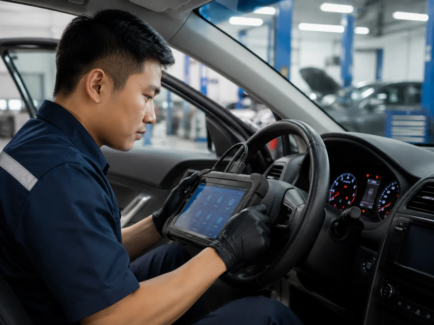 Technician checking vehicle warning lights and live data with a scan tool