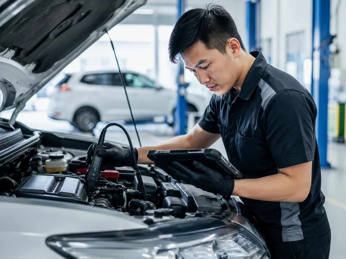 Technician carrying out vehicle computer diagnostics at the engine bay