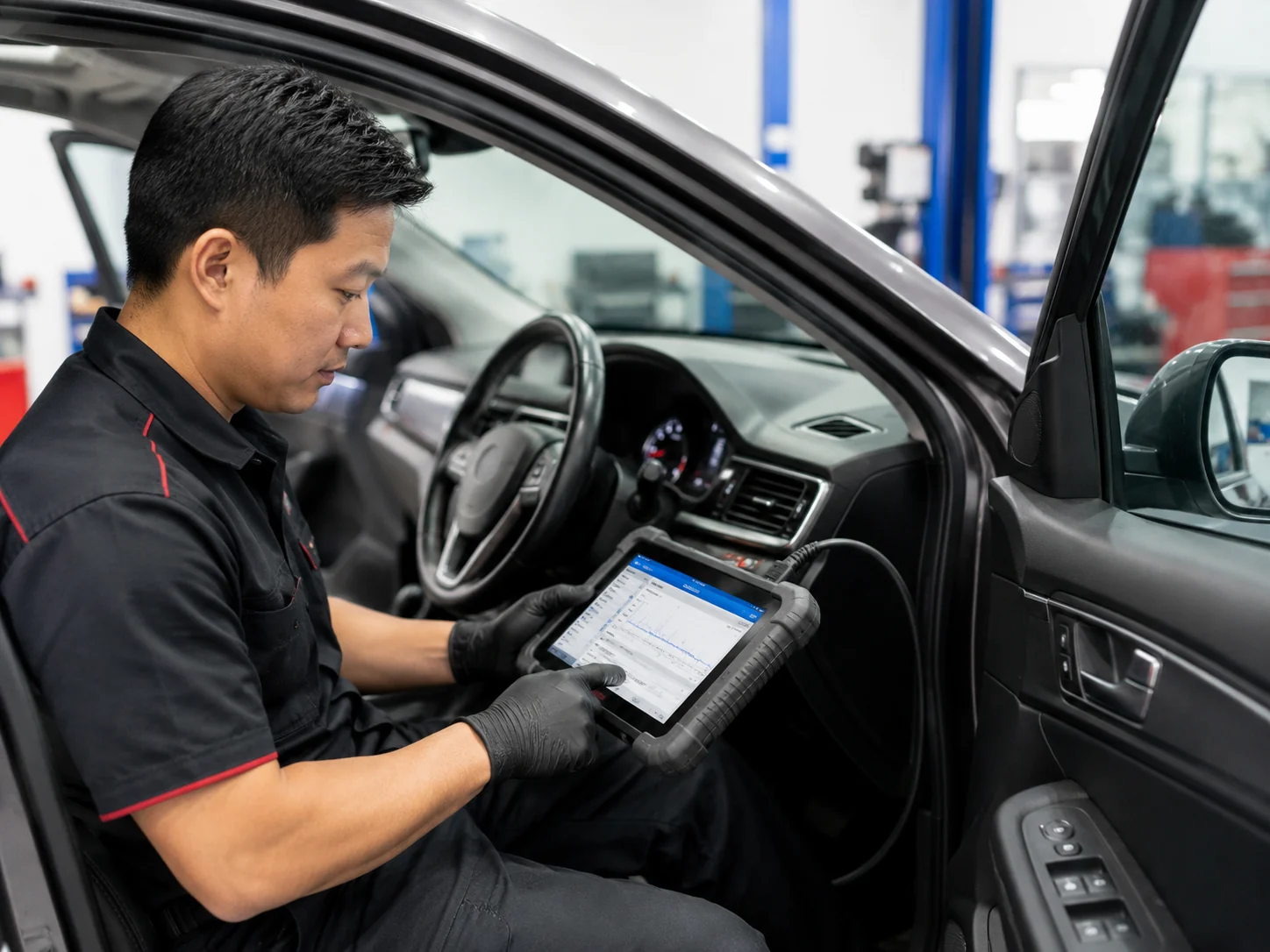 Professional technician using a vehicle diagnostic scanner inside a car