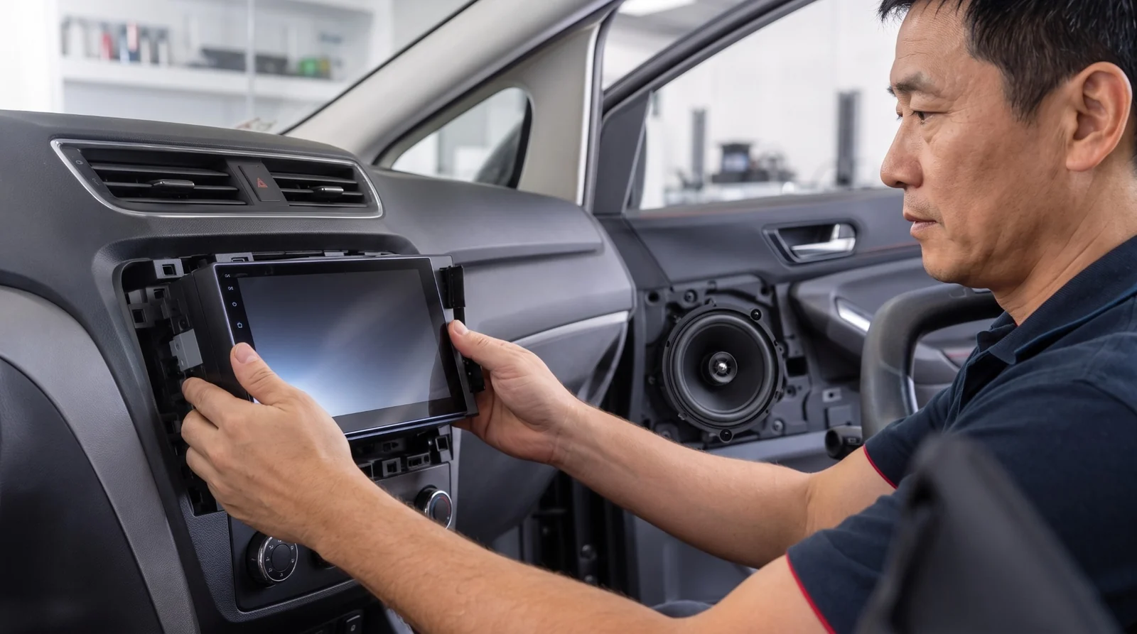 Technician installing an Android player and car audio equipment