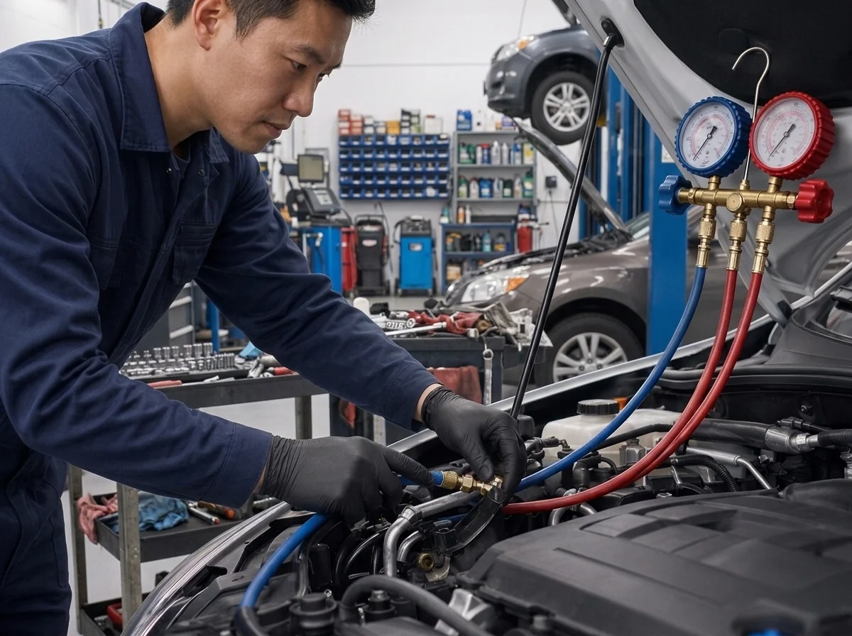 Technician servicing a vehicle air-conditioning system