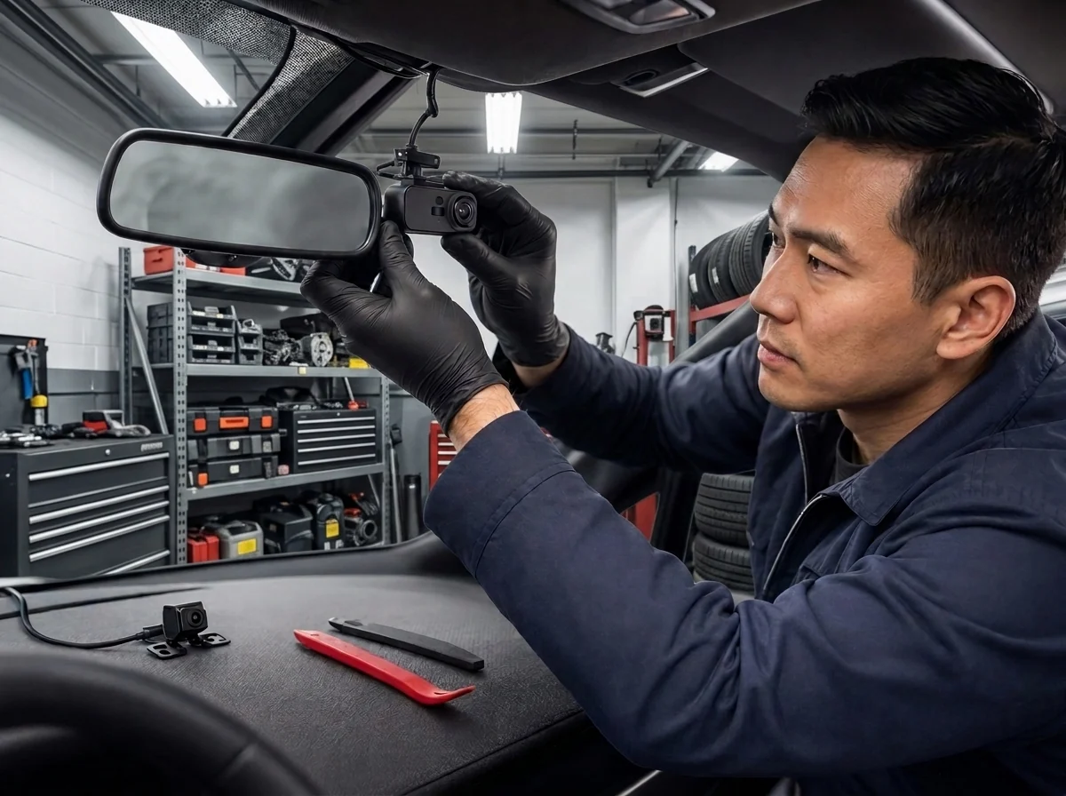 Technician installing a dashcam and vehicle security camera