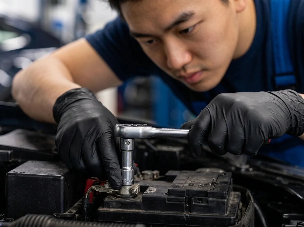 Technician carrying out vehicle repair and battery replacement work